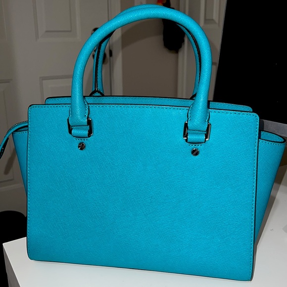 Michael Kors Women Selma Leather Textured Satchel Handbag Turquoise Medium - Picture 3 of 3
